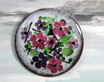 Romantic necklace/brooch in enamel, little pink +violet  flowers on dark vioet  and white opale underground or YOUR PREFERATE COLOURS