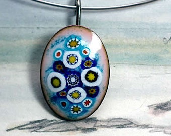 Ovale boho pendant, Murano millefiori on different colors of enamel base on copper.Choose your preferate color with no extra waiting time