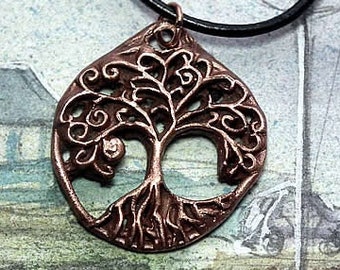 Little celtic/viking/wicca unisex pendant-Yggdrasil the celts'tree of life, tree of the world, handmade in  copper+black leather