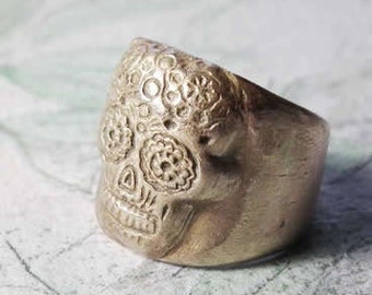 Mexican skull goldbronze ring Aztec, Maya, Inca steampunk gothic unisex jewel copper or silverbronze possible