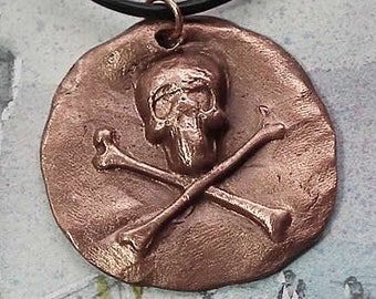 Unisex Skull & Crossbones Pirate pendant copper Jewelry  for Men and Women, Biker,  goldbronze possible