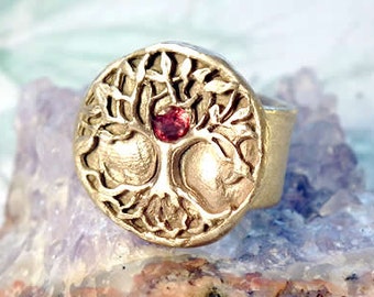 Yggdrasil ring  in bronze+red C.zirconia, celtic tree of life made at your size.copper or other Stone colours possible