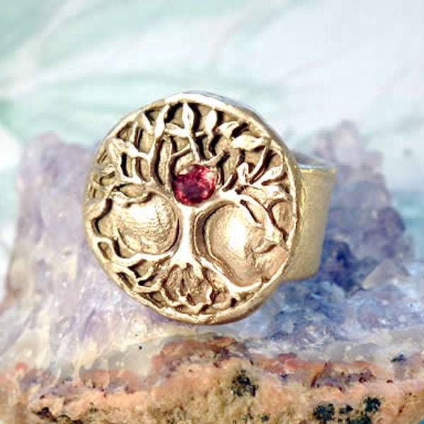 Yggdrasil ring  in bronze+red C.zirconia, celtic tree of life made at your size.copper or other Stone colours possible