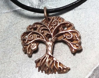 Unisex goldy bronze Yggdrasil pendant. the celtic tree of life on a black leather for men and women