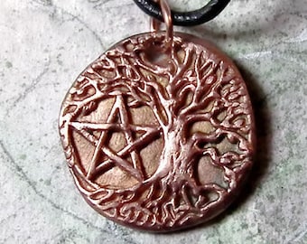 Unisex pendant, copper Yggdrasil, the celtic tree of life+pentacle, black leather strap(goldbronze too)for children too