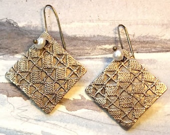 square earrings in goldbronze or copper bronze with lace patterns and sweetwater pearls or  one of the other gembeads