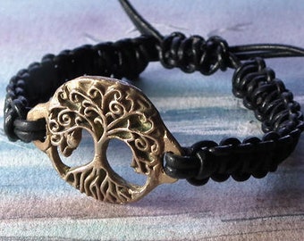 bracelet goldbronze or silverbronze Yggdrasil  black leather macrame celtic viking nordic tree of life handmade unisex