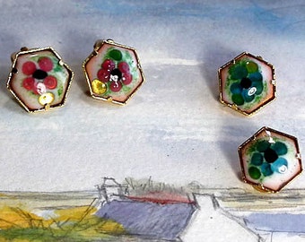 Romantic enamel earrings-clips , gilded metal and  little  pink,violet  or blue flowers choose one from  2
