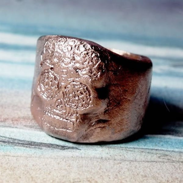 Mexican skull copper ring Aztec, Maya, Inca steampunk gothic unisex jewel goldbronze  or silverbronze possible