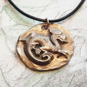 Unisex pendant, goldcolor bronze taoist/medieval Dragon black leatherstrap copper or silver color bronze too image 1