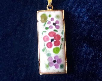 Romantic handmade jewelry in vitreous Enamel, pendant, little pink and lilac flowers on white opale & green Enamelbase  black leather