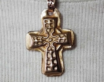 Unisex pendant, christian  jewelry, gothic cross handmade in goldbronze  ,black leather strap (copper also  possible)
