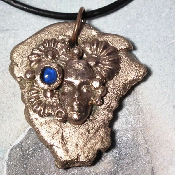 Unisex Meteorit Pendant  in bronze, Goddess Freya's face & flowers+synt blue corundum cab+rune Jera on the  back side, for men and women