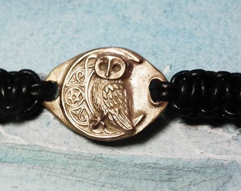 Ajustable unisex bracelet, goldcolor/silvercolor Bronze  owl+pentagram+moon, black leather macramz( copper too) for men and women