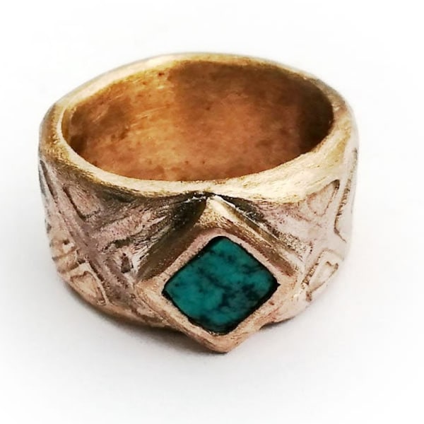 bague unisexe, style celte/medieval en bronze couleur or, bronze couleur argent ou en cuivre + 1 turquoise naturelle carrée hommes et femmes