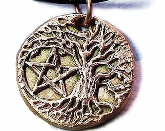 Unisex pendant, gold-bronze Yggdrasil, celtic tree of life+pentacle,black leather strap (also in silver-bronze copper) for men & kids too