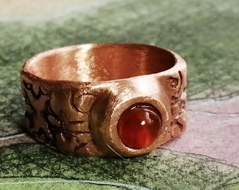 Bague Unisexe, Style Medieval en CUIVRE +1 Pierre Fine (Cornaline, Lapis, Grenat, Amethyste,etc...) Bronze couleur Or possible