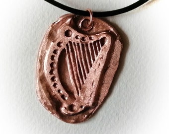 Pendant Celtic copper Harp musical Irish jewellery black leather handmade  unisex   also possible in  Goldbronze