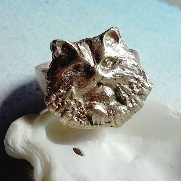 Bague tête de chat à poil long, Mainecoon/ Ragdoll/angora, faite main  en bronze couleur or ou en cuivre  bijou pour homme & femme