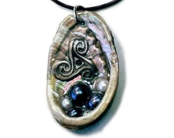 celtic jewelry, Breton pendant, small triskelion in silver-bronze +   freshwater pearls, abaloner shell, crystal resin, black leather band
