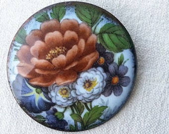 Handmade romantic vintage round brooch,  white and violet enamel on copper with decal of flowers  a bunch of violets   safety needle