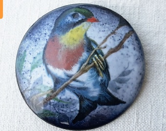 Handmade romantic vintage round brooch,   enamel on copper with decal of  bird safety needle