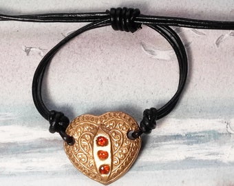 Unisex bracelet,  romantic  heart , handmade in goldbronze or copper+3 CZirconia +black leather-for adults & young people