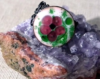 Romantic filigree ring in vitreous enamel, pink flower, white opale+ green underground,  3 findings ,and  4 other flowercolourspossible