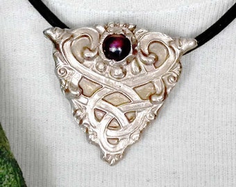 Unisex necklace, celtic knot in goldbronze or copper+ 1 halfprecious stone+black leather neckband