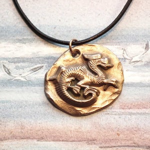 Unisex pendant, goldcolor bronze taoist/medieval Dragon black leatherstrap copper or silver color bronze too image 2