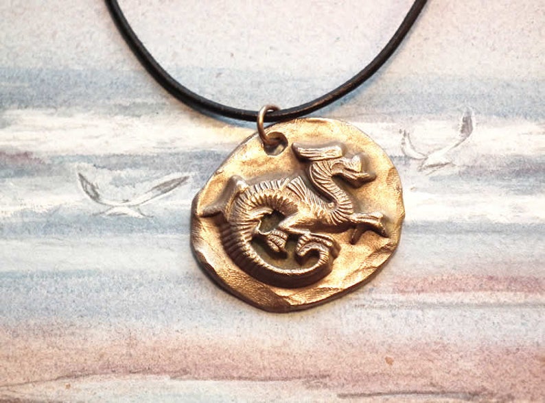 Unisex pendant, goldcolor bronze taoist/medieval Dragon black leatherstrap copper or silver color bronze too image 2