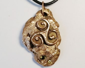 pendant goldbronze meteorite und 1 celtic Triskelion with 2 green CZ und Ansuz rune  black leather cord  Wicca, celtic, Viking unisex jewel
