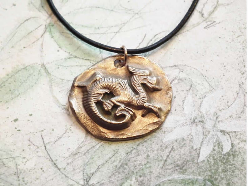 Unisex pendant, goldcolor bronze taoist/medieval Dragon black leatherstrap copper or silver color bronze too image 1