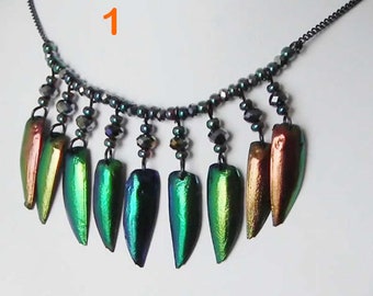 Choice of 2 Beetlewing Necklaces  made of   rainbow beetle elytras/wings & bohemian cristal beads, black or bronze color metal