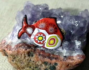 Enamel ring, little copper fish enameled in red orange base decorated with multicolour   murano millefiori    on a bronze coloured ring