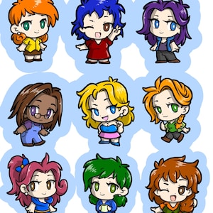 May include: Nine cartoon illustrations of female characters with different hair colors and outfits. Each character is set against a light blue background. The characters have various hair colors, including orange, blue, purple, brown, and green. They are wearing different outfits.