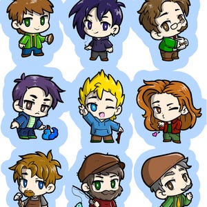 May include: Nine cartoon characters with different hair colors and outfits are depicted against a light blue background. Each character is in a unique pose, holding items like a football, a coffee cup, or a fishing rod. The style is reminiscent of a video game.