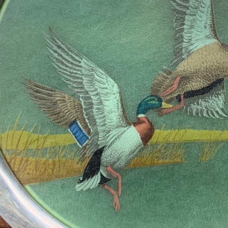 May include: A round decorative plate featuring a detailed illustration of two mallard ducks in flight. The ducks have brown, white, blue, and green plumage, set against a green background with yellow grass. The plate has a silver rim.