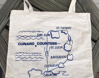 Vintage Cunnard Countess Cruise Ship Tote Bag 1970's Original Beach Boat Shopping Bag