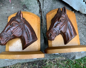 Vintage Horse Head Bookends Wood & Composite 1950's