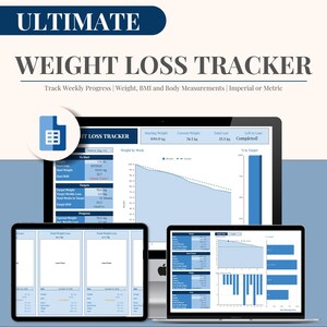 May include: A computer screen displaying a weight loss tracker spreadsheet with charts and graphs. The spreadsheet includes sections for starting weight, current weight, total weight loss, and weight to target. The spreadsheet is titled "Weight Loss Tracker".