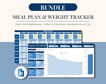 May include: A blue and white printable meal planner and weight loss tracker spreadsheet. The spreadsheet includes a meal plan for each day of the week, a weight loss tracker, and a graph showing weight loss progress over time. The text "MEAL PLAN" and "WEIGHT LOSS TRACKER" is visible on the spreadsheet.
