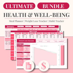 Könnte beinhalten: Ein rosa-weißes druckbares Planer-Paket für Gesundheit und Wohlbefinden. Das Paket beinhaltet einen Ernährungsplaner, einen Gewichtsverlust-Tracker und einen Gewohnheits-Tracker. Der Gewichtsverlust-Tracker enthält ein Diagramm mit einer Linie, die den Gewichtsverlust im Laufe der Zeit zeigt. Der Text "January" ist oben auf dem Ernährungsplaner sichtbar.