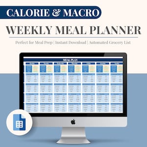 Calorie & Macro Tracker Meal Planner with Grocery List | Calorie Calculator | Weekly Meal Prep Template Google Sheets | Diet Plan | Blue