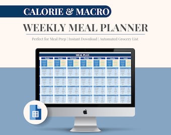 May include: A computer screen displaying a weekly meal planner template with a blue background. The template is divided into seven columns, one for each day of the week, and includes sections for calories, protein, carbohydrates, and fat. The text "MEAL PLAN" is displayed at the top of the template.