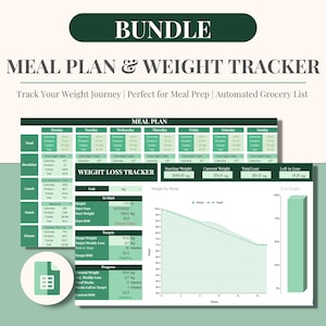 Digital Meal Planner and Weight Loss Tracker Bundle Green | Calorie & Macro Tracker | Google Sheets Template | Automated Grocery List