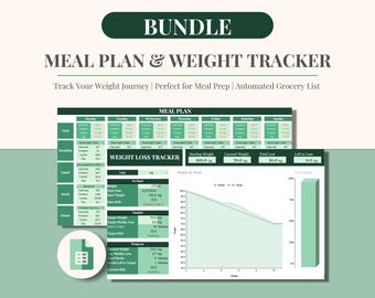May include: A green and white printable meal planner and weight loss tracker. The planner includes sections for breakfast, lunch, snack, and dinner. The tracker includes a graph to track weight loss over time.