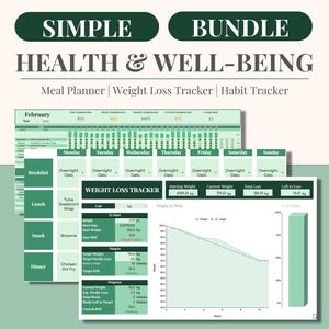 Könnte beinhalten: Ein druckbarer Gesundheits- und Wohlfühlplaner in grün und weiß. Der Planer enthält einen Ernährungsplan, einen Gewichtsverlust-Tracker und einen Gewohnheitstracker. Der Gewichtsverlust-Tracker enthält ein Diagramm, das den Gewichtsverlust im Laufe der Zeit zeigt.