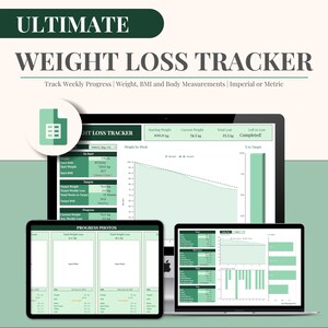 Ultimate Digital Weight Loss Tracker - Weight Loss Planner, Google Sheets Template, Body Measurement Tracker + Charts, Weekly & Daily, Green