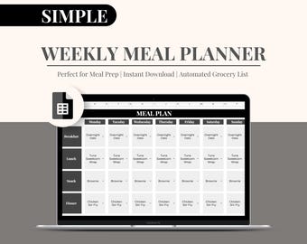Weekly Meal Planner with Grocery List | Digital Meal Plan Template Google Sheets | Food Prep Planner Spreadsheet | Automated | Black